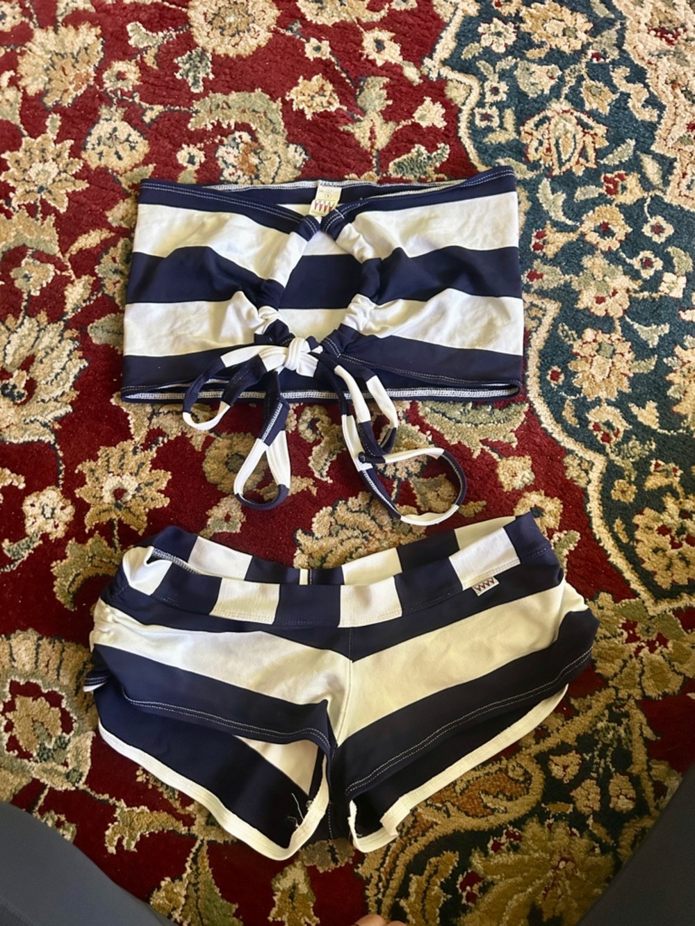WICKED WEASEL. Striped Navy & White Bandeau Set with Drawstring Shorts. Lounge